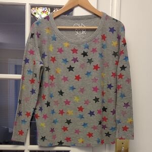 Chaser Gray Multicolor Star Long Sleeve Tee Size Small